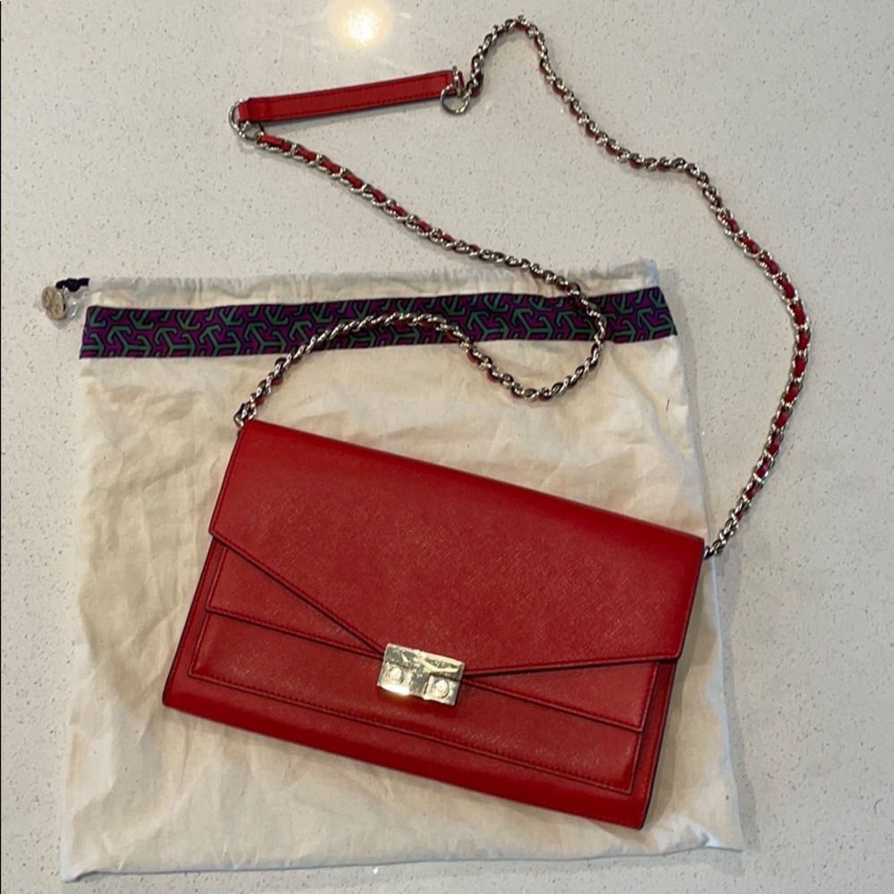 Tory Burch red clutch with removable chain strap